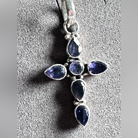CROSS Amethyst Pendant Sterling Silver Pave Set Deep Purple Tear Drop Round 4030 - Picture 2 of 10
